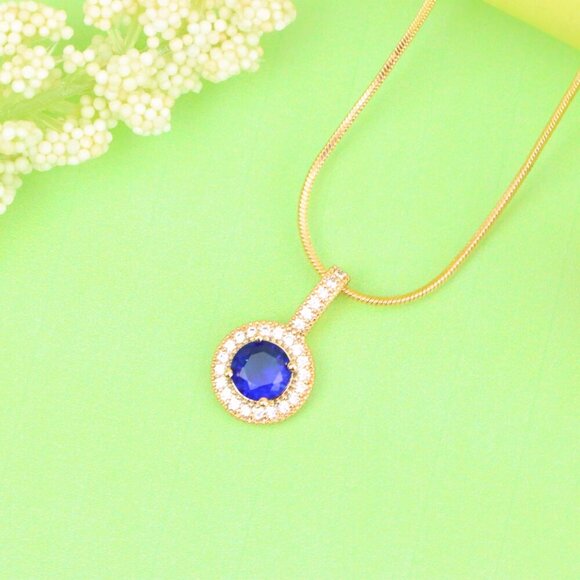 "Gold Plated Blue Round Pendant with Crystal Halo for Women, XPPT1739 - Picture 13 of 13